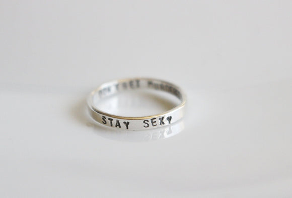 My Favorite Murder Ring / SSDGM Ring  MFM Stay Sexy Don't Get Murdered Inside Out Ring/ Murderino Ring Sterling Silver Ring Handstamped