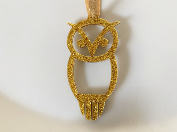 Chi Omega Ornament Gold Glitter Acrylic Owl Ornament
