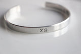 Chi Omega Letters bracelet / Hand Stamped Aluminium Bracelet with Chi O Greek Letters / Sorority Letters Bracelet Greek Licensed